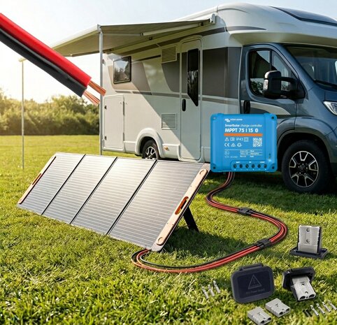 Bente portable 100W zonnepaneel met victron laadregelaar en buitenaansluiting
